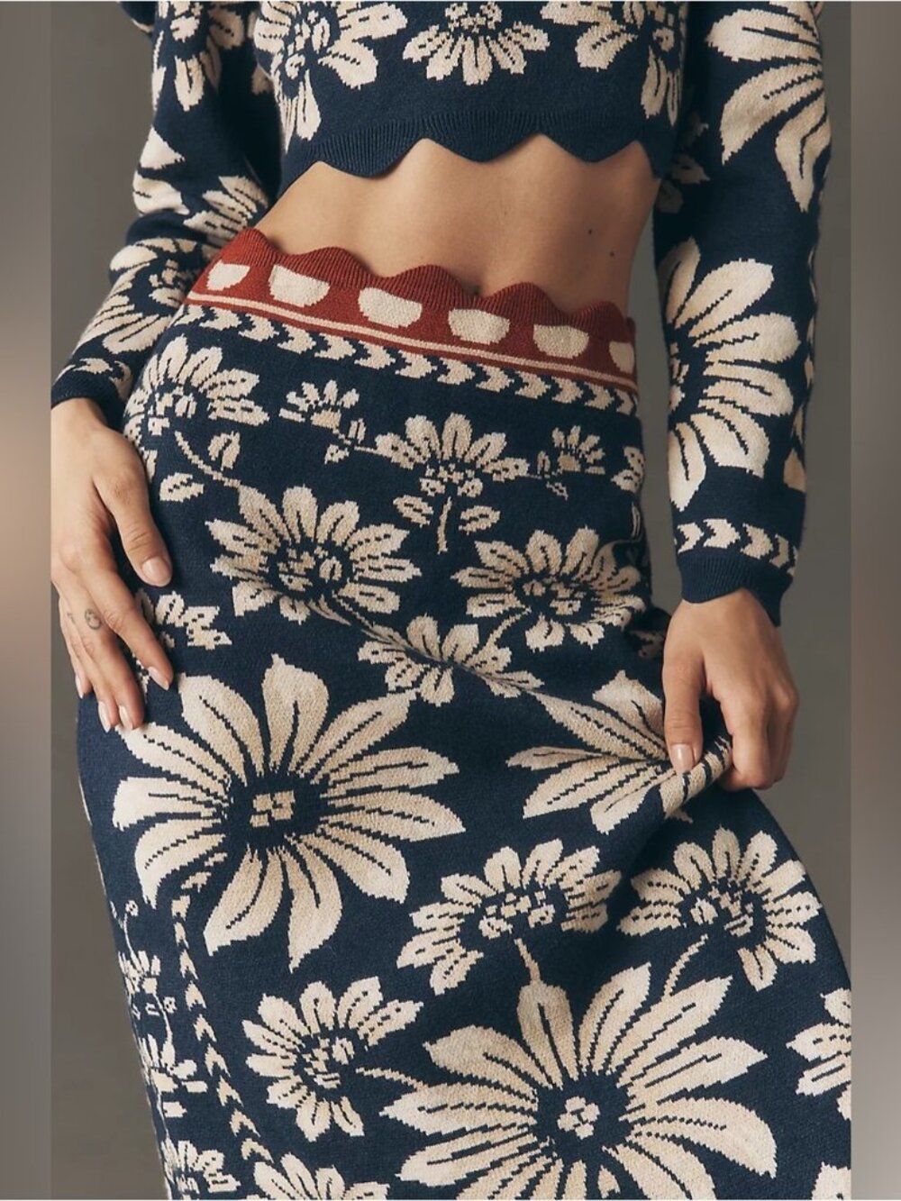 NWT Size XL - Farm Rio Luna Midi Sweater Skirt Blue Floral
